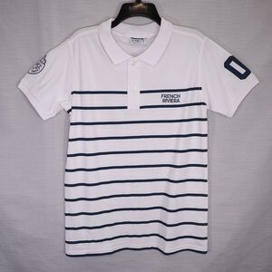 So Nice Top Womens Medium Polo Shirt White Navy Blue Stripe French Riviera